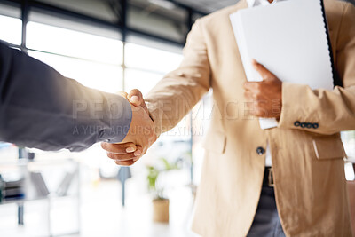 Buy stock photo Handshake, contract deal and business partnership of a b2b meeting with shaking hands. Networking, hiring and professional negotiation of onboarding collaboration and congratulations of project