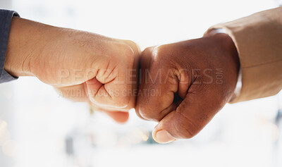 Buy stock photo Business people, hands and fist bump in partnership, unity or trust for deal or agreement against blurred background. Hand of team bumping fists in collaboration, teamwork or goals in support for win
