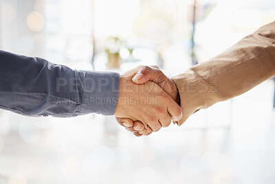 Buy stock photo Business people, handshake and partnership in b2b, agreement or deal for collaboration, teamwork or unity. Hand of corporate employees shaking hands for meeting, greeting or success in solidarity