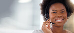 Black woman, call center and portrait smile on mockup with headset in telemarketing, customer service or support. Happy African American female consultant or agent face with mic in contact us sales
