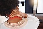 Black woman, neck pain and call center in back view with tired muscle, burnout stress and office computer. Crm consultant, workplace injury or customer service expert with strain, frustrated or hurt