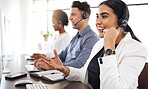 Happy woman, call center and computer consulting with headset in telemarketing, customer service or support at office. Friendly female consultant talking on mic sitting by desktop PC in contact us