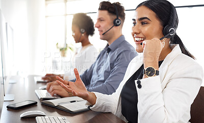Buy stock photo Happy woman, call center and computer consulting with headset in telemarketing, customer service or support at office. Friendly female consultant talking on mic sitting by desktop PC in contact us