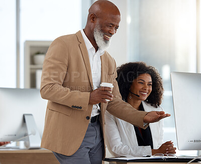 Buy stock photo Computer, teamwork and business team reading company growth results together in a office.  Corporate web management, happy staff and black people with technology and coworking on a online project