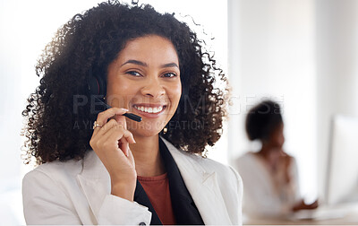 Buy stock photo Black woman, call center and portrait smile with headset mic for consulting, telemarketing or customer service and support. Happy female consultant or agent face smiling in contact us for advice