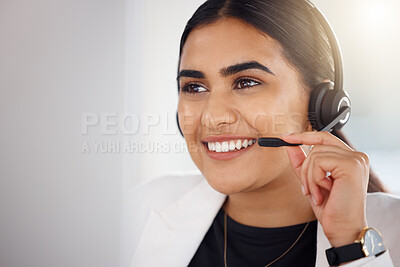 Buy stock photo Happy woman, call center and face with headset mic consulting in telemarketing, customer service or support at office. Friendly female consultant or agent with smile by computer in contact us sales