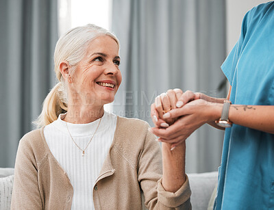 Buy stock photo News, happy old woman or nurse holding hands in hospital consulting for medical test results for support. Empathy, hope or trusted doctor in healthcare clinic nursing or helping sick elderly patient