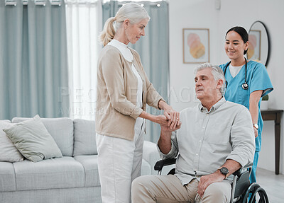 Buy stock photo Disability, doctor or old couple holding hands in rehabilitation for support, empathy or solidarity together. Physiotherapy healthcare, wheelchair or medical nurse nursing elderly disabled patient