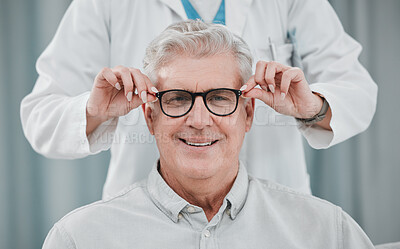 Buy stock photo Glasses check, senior vision portrait and elderly man consulting optometry clinic for wellness. Happy, smile and old face with lens, frame and eyewear choice in store for help getting a prescription 