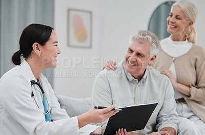 Buy stock photo Nurse, medical and consulting with a senior couple in their home, talking to a medicine professional. Healthcare, insurance or life cover with a mature man and woman meeting a medicine professional