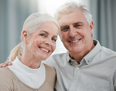 Buy stock photo Portrait, love and lifestyle with a senior couple hugging in the living room of their house together. Smile, face or trust with a happy mature man and woman bonding while enjoying retirement at home