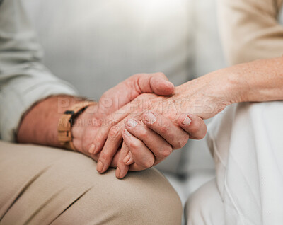 Buy stock photo Empathy, love or old couple holding hands to support each other in marriage commitment or retirement with trust. Gratitude, zoom or elderly woman comforting a senior lover with sympathy or solidarity