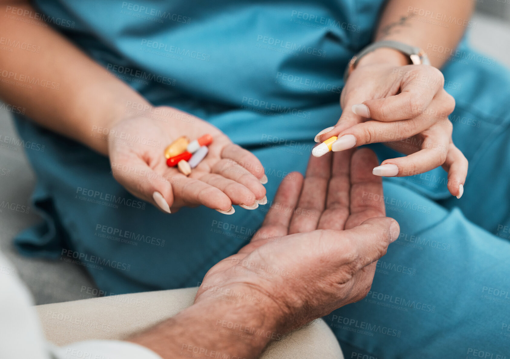 Buy stock photo Pills, senior medication and man hands with a nurse and caregiver giving medicine at clinic. Retirement, nursing home and care of a healthcare, wellness and hospital worker with prescription drugs