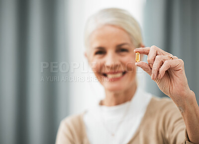 Buy stock photo Pill, medicine and portrait of senior woman for pharmaceutical, medical product and retirement health. Happy elderly person hand holding tablet or supplement for healthy life and vitamins healthcare