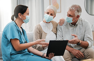 Buy stock photo Checklist, old couple or nurse in consultation for covid in hospital about medical test news or results. Face masks, coronavirus or doctor consulting in healthcare clinic nursing sick elderly people 