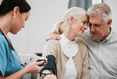 Buy stock photo Hug, nurse or old couple with blood pressure test consulting in hospital to monitor heart healthcare. Doctor, hypertension consultation or medical physician with a patient for examination