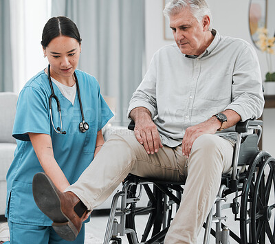 Buy stock photo Wheelchair help, nursing home and man with injury or disability with nurse support. Wellness, healthcare and retirement of a elderly person with foot pain from a medical problem with caregiver