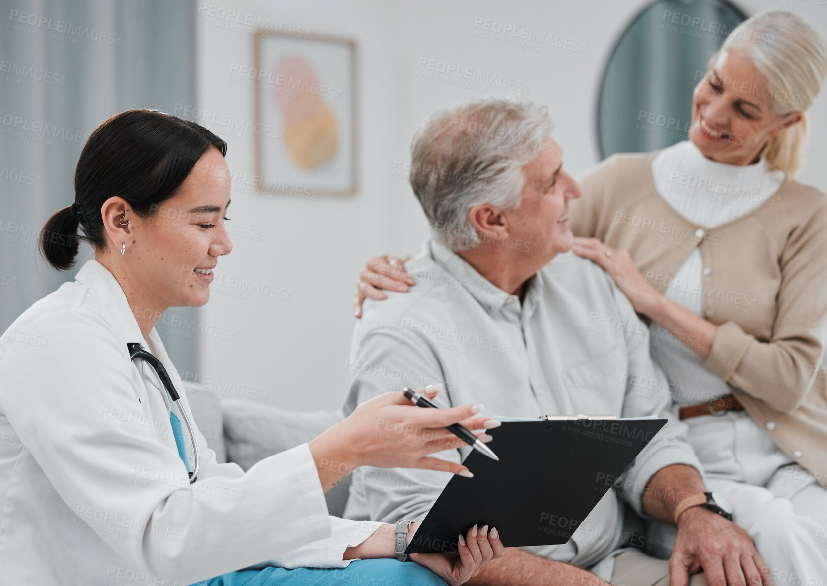 Buy stock photo Nurse, healthcare and trust with a senior couple in their home, talking to a medicine professional. Medical, insurance or life cover with a mature man and woman meeting a nursing assistant in a house