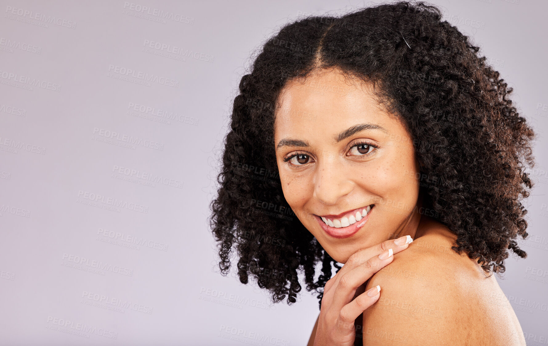 Buy stock photo Black woman, hair care and happy portrait with skin glow and dermatology in a studio. Makeup, happiness and cosmetics of a young model with afro from spa, facial and wellness treatment with mockup