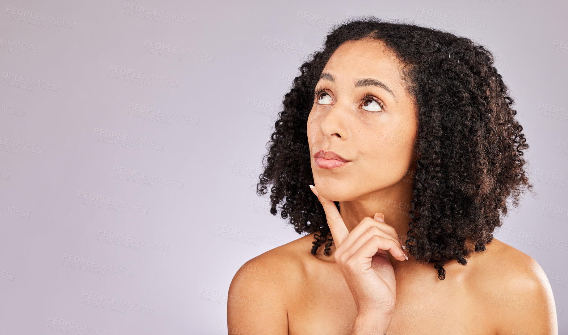 Buy stock photo Black woman, thinking and skincare in studio with ideas, confused and brainstorming with beauty. Young gen z model, healthy skin glow and idea with girl focus, vision and wellness by gray background