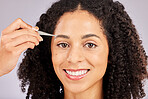 Eyebrow grooming, face tweezer and portrait of black woman with dermatology and facial hair cleaning. Skincare, epilation and clean beauty routine of a young model in a studio doing skin pore removal