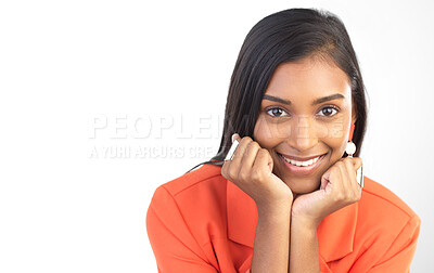 Buy stock photo Indian woman, studio portrait and mockup feeling happy, relax and cheerful. Isolated, white background and young businesswoman with a smile and happiness face from modern style smiling with mock up