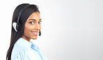 Customer support, call center and portrait of a Indian woman with mockup studio. Telemarketing, crm and empoyee work conversation with a smile from web help sale consultation online with mock up