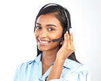 Callcenter, customer service and portrait of  Indian woman worker on a business call in a studio. Marketing, networking and web support consulting of a employee with a smile from call center work