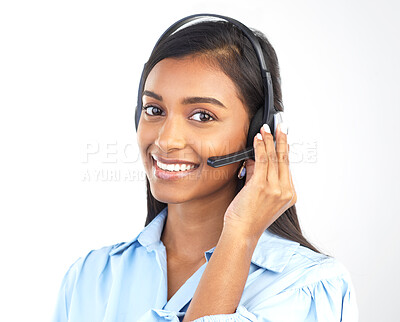 Buy stock photo Callcenter, customer service and portrait of  Indian woman worker in a isolated studio. Marketing help, networking and web support consulting of a contact us employee with smile from call center crm