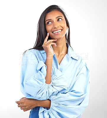 Buy stock photo Thinking, Indian woman and studio with fashion, style and modern business clothing. Isolated, white background and young person with ideas, happiness and content with stylish clothing and idea