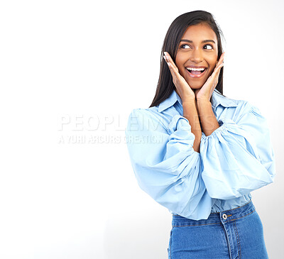Buy stock photo Mockup space, excited and Indian woman on a white background for discount, deal and sale information. Smile, advertising and happy girl with wow smile for product placement, branding and promotion