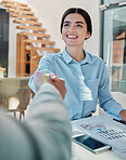 Business woman, handshake and smile for b2b, partnership or meeting in agreement at office desk. Happy female employee shaking hands with colleague for greeting, deal or welcome at workplace