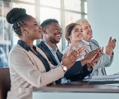 Buy stock photo Business people, applause and meeting in celebration for good job, winning or thank you at office. Group of employee workers clapping hands together celebrating team support, motivation or success