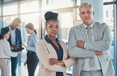 Buy stock photo Serious, business people and portrait with arms crossed in leadership meeting, collaboration or teamwork at office. Confident corporate executive leaders standing in company management at workplace