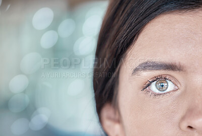 Buy stock photo Eye, scan and mockup with a woman using cybersecurity or facial recognition software for safety. Future, ai and retina scanner with a female using technology to access the metaverse or virtual world