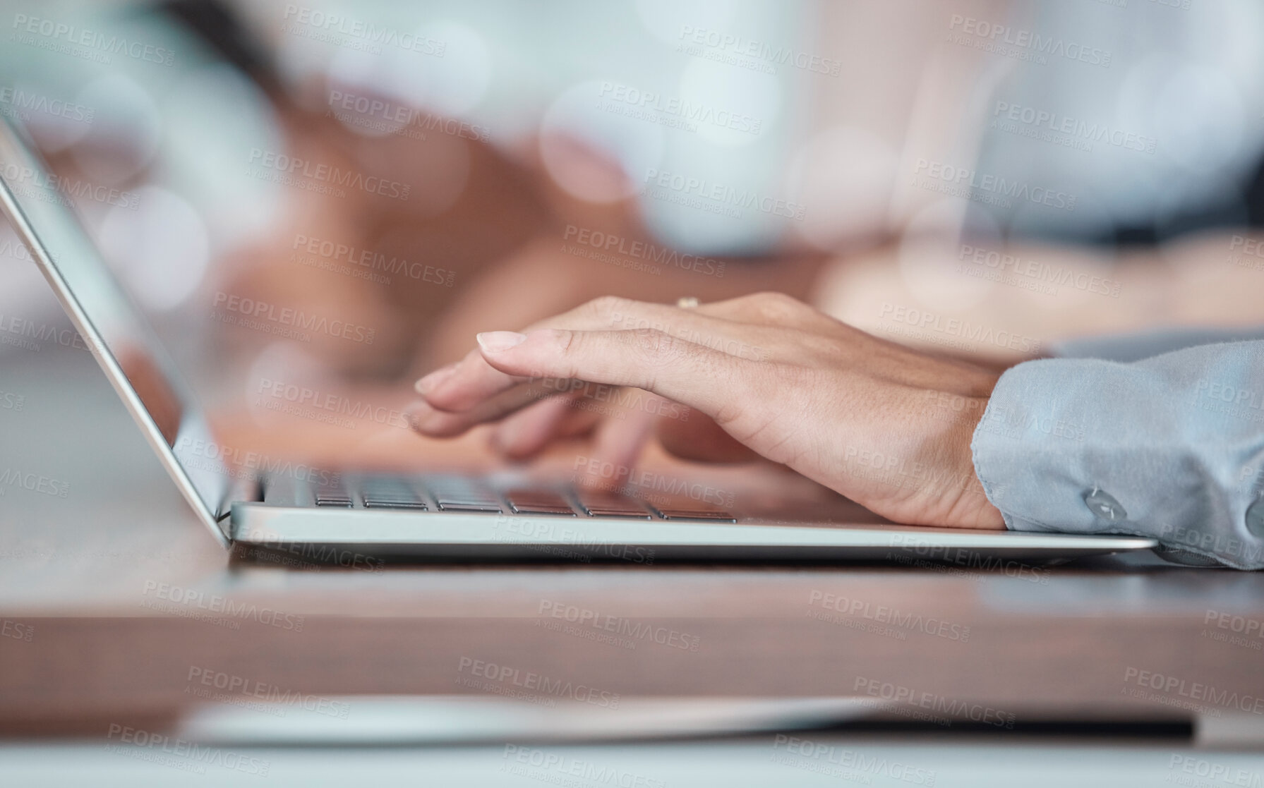 Buy stock photo Hands, laptop and research with a business woman typing a report for feedback in her office at work. Computer, email or internet with a female employee working on a network for a communication review