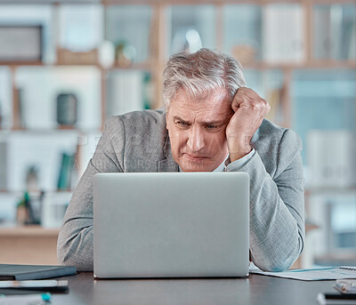 Buy stock photo Stress, confused and mature businessman with a laptop, reading an email and tired from a deadline. Anxiety, burnout and elderly corporate worker with bad news, glitch or problem with a computer