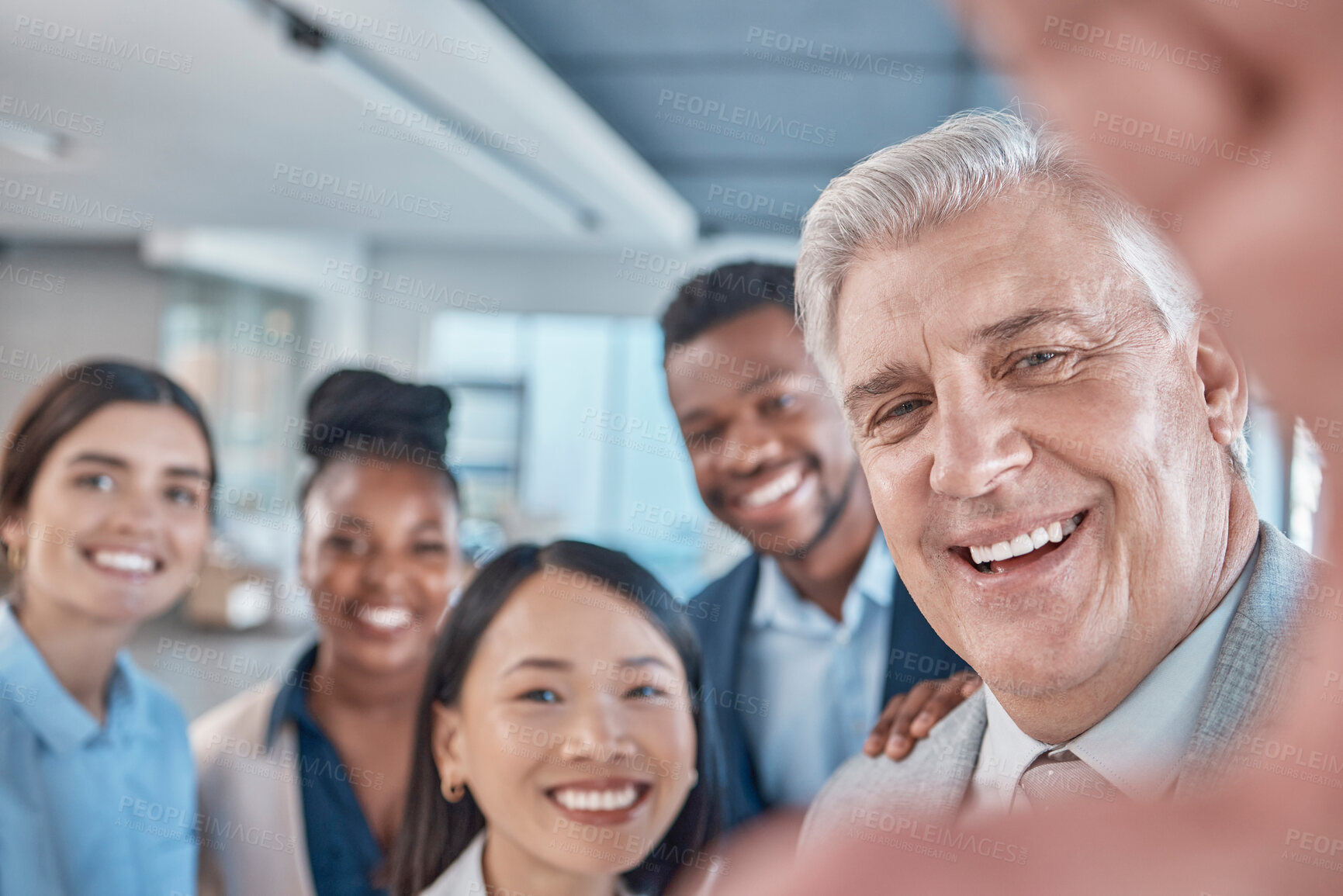 Buy stock photo Selfie, friends and a man ceo with his team posing for a profile picture in the office at work. Portrait, social media or leadership with a business manager taking a photograph with an employee group