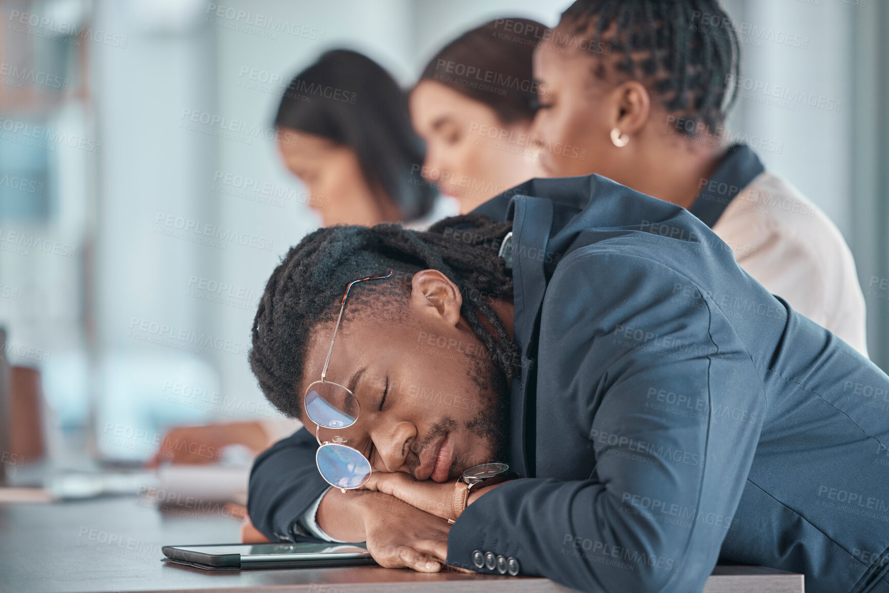 Buy stock photo Tired, sleeping and business man in meeting fatigue, burnout and low energy with focus, insomnia and career problem. Time management, depression and sleepy employee, worker or person in conference