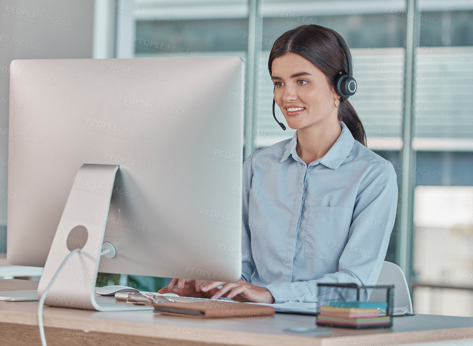 Buy stock photo Call center, consultation and woman with a computer for support online, telemarketing and advice. Contact us, communication and customer service agent in web assistant, operation and helpline