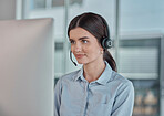 Call center, contact us and woman with a computer for communication, telemarketing and online advice. Business, receptionist and customer service agent in web assistance, operation and helpline