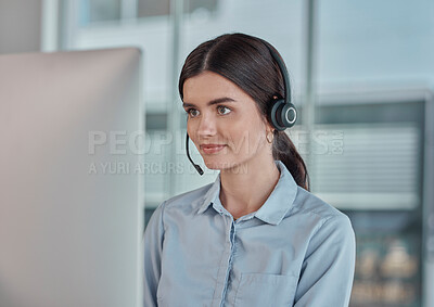 Buy stock photo Call center, contact us and woman with a computer for communication, telemarketing and online advice. Business, receptionist and customer service agent in web assistance, operation and helpline