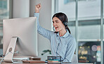 Business woman, call center and celebration for winning, promotion or sale in telemarketing at office desk. Happy female consultant or agent celebrating victory, good news or success at the workplace