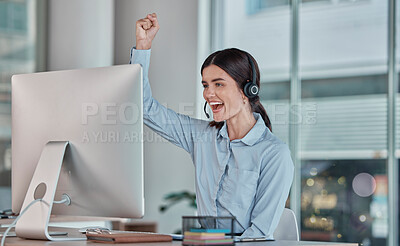 Buy stock photo Business woman, call center and celebration for winning, promotion or sale in telemarketing at office desk. Happy female consultant or agent celebrating victory, good news or success at the workplace