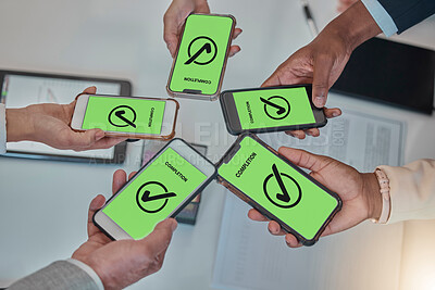 Buy stock photo Business people, hands and phone with tick in networking, teamwork planning or sharing information. Hand of group above showing smartphone display in completion for tasks, mobile app or data syncing