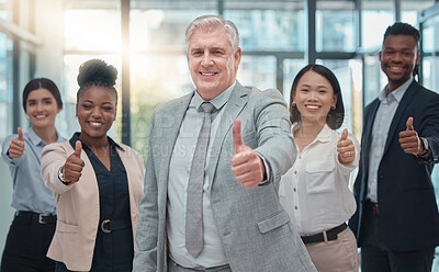 Buy stock photo Business people, portrait and thumbs up for winning, agreement or corporate team success at the office. Happy group of employee workers with smile showing thumb emoji, yes sign or like for leadership