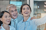 Selfie, happy and friends with a business team posing for a picture together in the office at work. Photograph, social media or smile with a man and woman employee group taking a seld portrait
