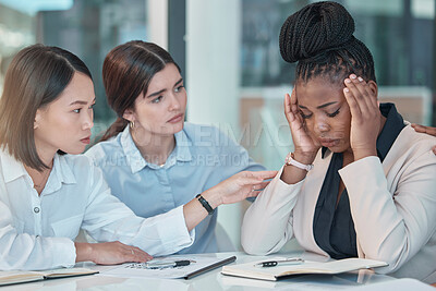 Buy stock photo Headache, stress and support with a business black woman suffering from burnout while colleagues console her. Anxiety, mental health and depression with a female employee group comforting a coworker