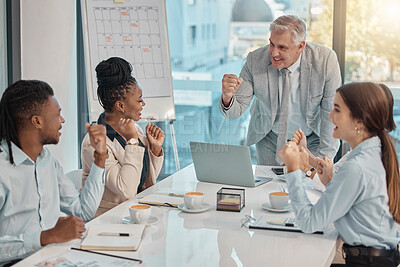 Buy stock photo Business people, celebration and meeting for winning, success and team promotion in conference room. Senior man, coach or CEO celebrating successful teamwork, collaboration or corporate win at office