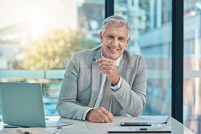 Buy stock photo Portrait of senior business man at office with happy leadership, career mindset and company management. Face of corporate person, employer or boss at desk with laptop for professional job planning